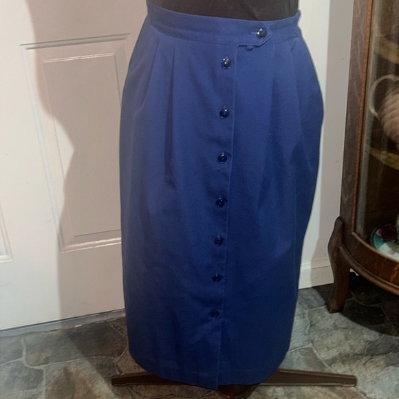 Koret Francisca Vintage Navy Blue Button Down Work Skirt With Pockets Size 8 - Picture 1 of 5